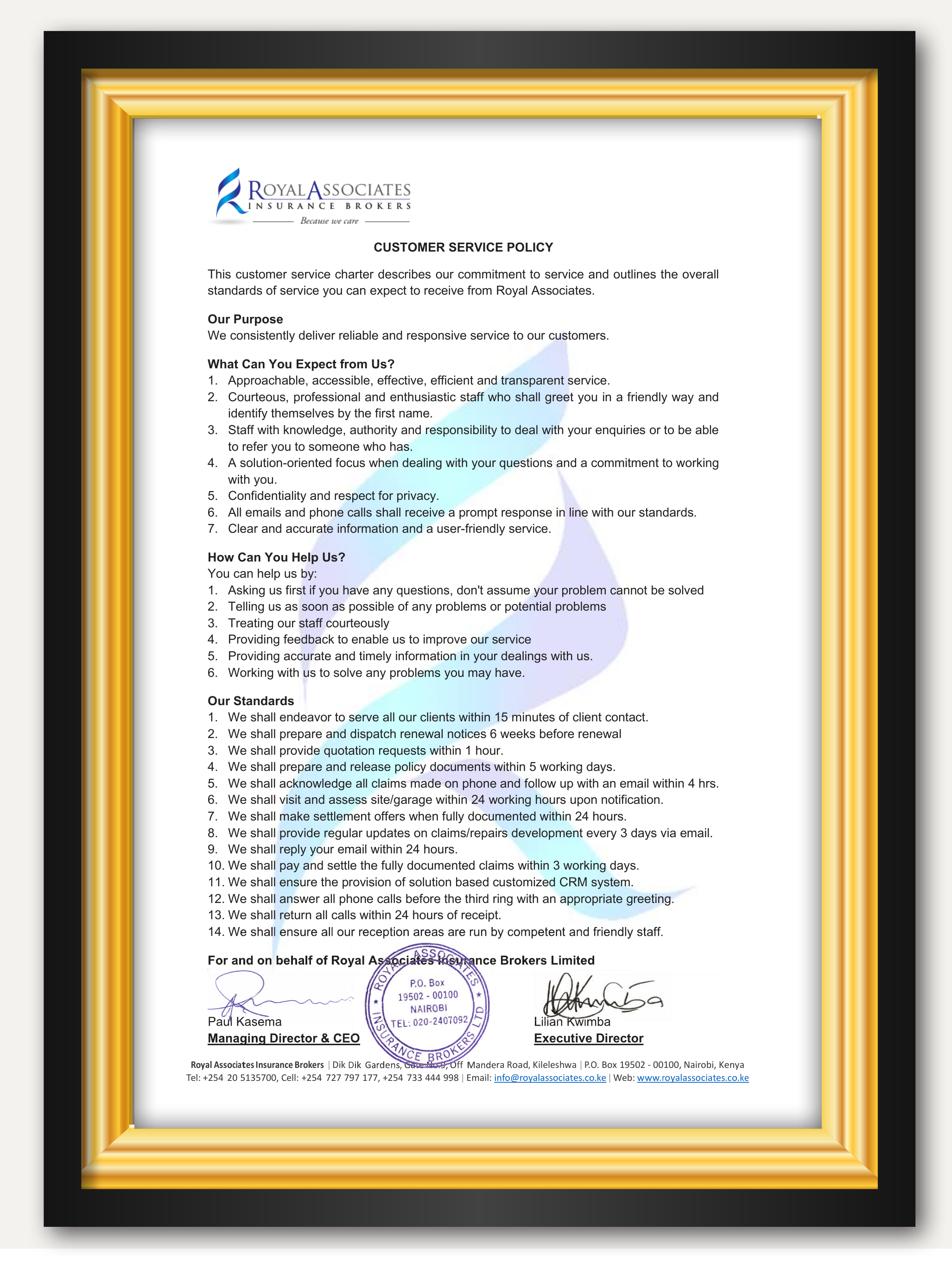Royal Associates customer service charter